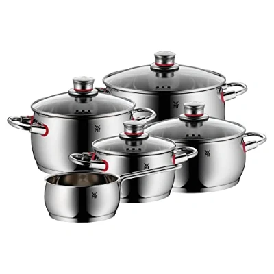 Bild av WMF Quality One kastrullset induktion 5 delar, med glaslock, Cromargan polerat rostfritt stål, induktionskrukor set obelagd, ångöppning