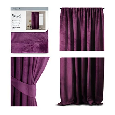 Bild av AmeliaHome gardin sammet utseende 140 x 270 cm lila 1 st. rynkband mörkläggningsgardin fönsterdekoration lätt skimrande dekorativ 70137, veckband