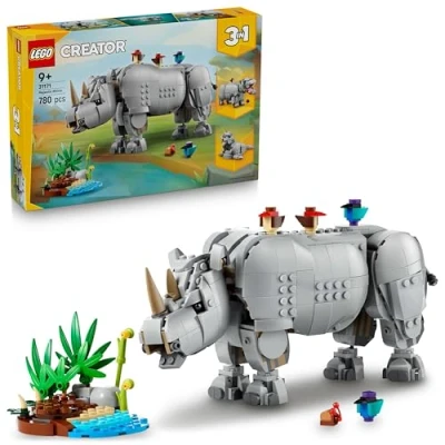 Bild av LEGO Creator 3in1 Vilda djur: majestätisk noshörning med fåglar Lekset, Bygg om till flodhäst eller valross, Actionfigurer, Present pojkar och flickor från 9 år 31171
