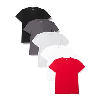 Bild av Lower East T shirt med V ringning i 100 % bomull, Herr, Vit/gråmelange/Forged iron/svart/röd (5 pack), L