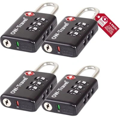 Bild av OW Travel TSA Godkänd Kombinationslås med öppen varningsindikator (Svart 4 pack) 3 siffrig kod Lås Säkerhet Ryggsäck Hänglås Resväska, lås, resväska Gymskåp,