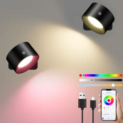 Bild av Smart vägglampa inomhus 2 stycken, Dieall Shine dimbar utan strömanslutning, 360 vridbar batteri borrning, 3 färgtemperatur och RGB &amp; omgivningslägen, app touch kontroll,