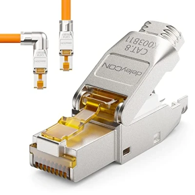Bild av deleyCON 1x CAT 8 Nätverkskontakt 90 Vinkelkontakt RJ45 Verktygsfri Skärmad 40 Gbit/s Nätverk Kontakt för Styva Råkabel Installationskabel Ethernet LAN DSL Patchkabel