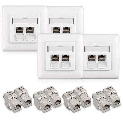 Bild av kwmobile Keystone modulsats inkluderar (8) CAT6A skärmat uttag RJ45 Ethernet modul 10G + (4) 2 portars väggplatta och metallhölje