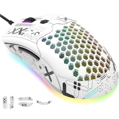 Bild av KUIYN 383 PRO M5 ultralätt trådbunden spelmus, lätt vaxkakskal, Pixart PAW3325, 6 justerbara DPI 12000, 26 RGB andningsbart bakgrundsbelyst möss, 65 g, USB optisk modell O möss för Win11/Xbox/PS/Mac…