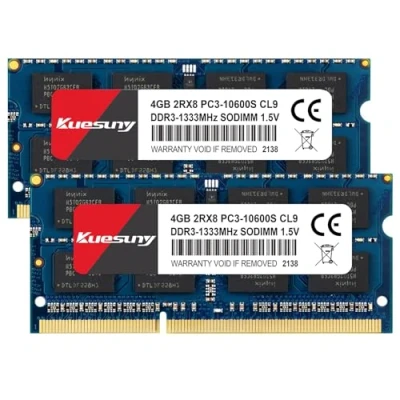 Bild av Kuesuny 8GB Kit (2X4GB) DDR3 1333MHz Sodimm Ram PC3 10600 10600S 1.5V CL9 204 Pin 2RX8 Dual Rank Non ECC Unbuffered Memory Idealisk för bärbar datoruppgradering