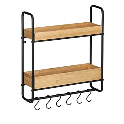 Bild av WENKO Vägghylla loft 2 våningar, cool industriell designhylla med hållbara bambugolv/robust metallram, för kök, badrum och Co. räcke 6 krokar, 48 x 52 15 cm, svart matt/natur