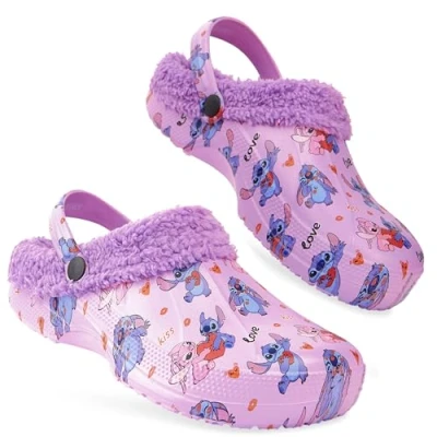 Bild av Disney Stitch träskor för kvinnor fleecefoder slip on trädgårdsskor hälrem alternativ med berlocker inomhus utomhus stygn gåvor, Lila stygn, 37/38 EU