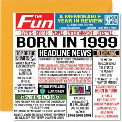 Bild av 25:e födelsedagskort för män kvinnor född 1999 tidning Happy 25 son dotter kusin vintage retro tillbaka 1999, 145 mm x tjugofem födelsedagen gratulationskort