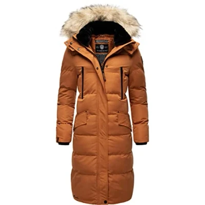 Bild av MARIKOO Damvinterkappa varm quiltad kappa lång med avtagbar fuskpäls och huva snöstjärna XS XXL, Rusty Cinnamon, XL