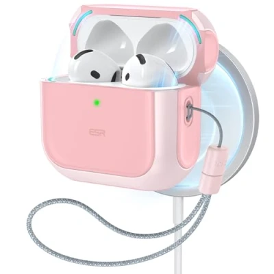 Bild av ESR för AirPods 4 fodral, kompatibel med 4:e generationen fodral (2024) (USB C), MagSafe, droppskyddskåpa snodd, magnetiskt locklås, orbit hybridfodral, rosa