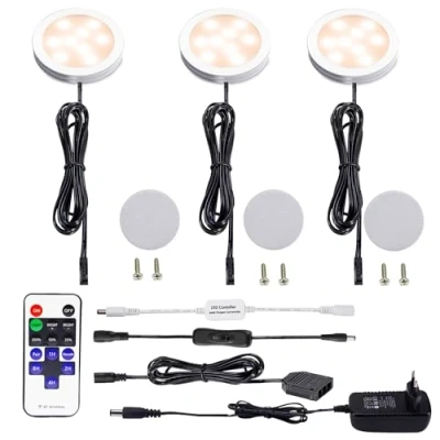 Bild av AIBOO LED skåplampor komplett set med 3, infälld belysning fjärrkontroll, kökslampor vitrinbelysning varm vit 2 700 K, lampa inklusive alla tillbehör
