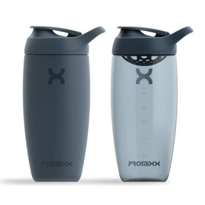Bild av Promixx PURSUIT Protein shaker flaska 2 pack premium sportblandarflaskor för proteinblandningar och tillskottsskakningar 1 rostfritt stål 550 ml, ekozen 700 ml midnattsblå