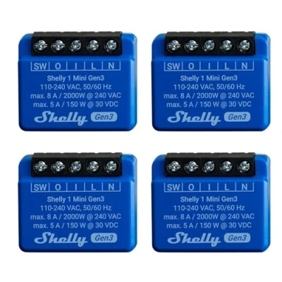 Bild av Shelly 1 Mini Gen 3 4 pack WiFi och Bluetooth Smart Switch relä kanal 8A Hemautomatisering Kompatibel med Alexa Google Home iOS Android app Ingen hubb krävs torra kontakter