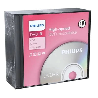 Bild av Philips DVD R ämnen (4,7 GB data/120 min. Video, 16 x höghastighetsinspelning, 10 st smalt smyckesfodral)