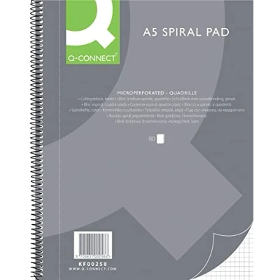 Bild av Q Connect Spiral anteckningsblock A5 rutigt/80 ark/160 sidor/anteckningsbok spiralblock collegeblock/anteckningsblock med spiralbindning/skolblock skrivblock