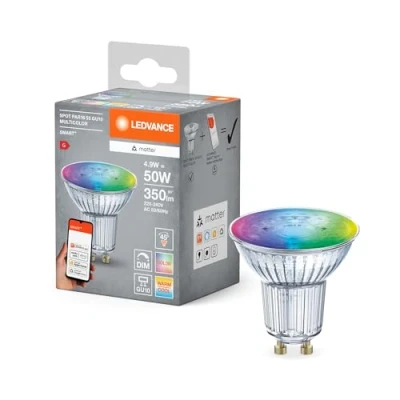 Bild av LEDVANCE SMART+ MATTER LED reflektorlampa, kompatibel med Google, Alexa, Apple, glas, 4,9W, 350lm, GU10, färgljus &amp; vitt ljus, app eller röststyrning, livslängd upp till 20 000 timmar
