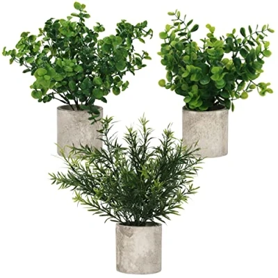 Bild av Belle Vous Planterade Låtsas Eukalyptus Plantor (3 Pack) Små Plastplantor i Krukor Inomhus för Kontorsbänk, Hem, Kök, Trädgård, Bord &amp; Badrum Dekoration
