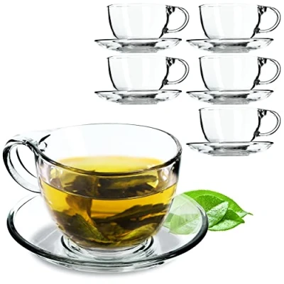 Bild av KADAX glaskopp med underlägg, 200 ml/250 ml, transparent glaskoppsset, tekopp, kaffekopp, koppar tefat, underlägg (lea/6 stycken)