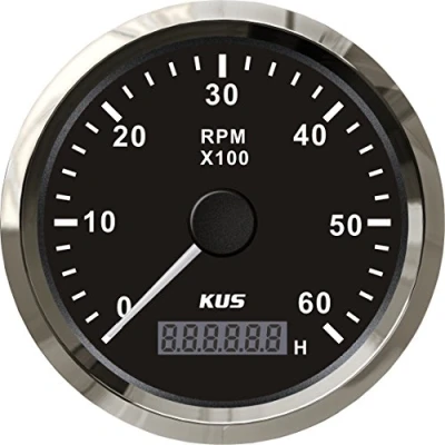 Bild av KUS varvräknare med 6000RPM 85 mm 12V/24V timräknare bakgrundsbelysning (svart)