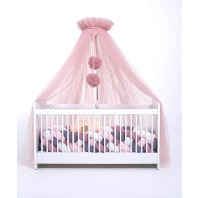 Bild av Babysänghimmel av tyll, sänghimmel för babysäng, prinsessbabyvagga, sidosäng baby, myggnät, babyrumsdekoration, baldakin barnrum 165 cm lång, med pompoms, brungrå (gammalrosa)