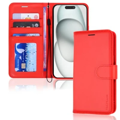 Bild av TECHGEAR iPhone 15 läderplånboksfodral, flip skyddsfodral med plånbok korthållare, stativ och handledsrem rött PU läder magnetisk stängning för 6,1 tum
