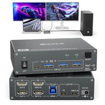 Bild av KVM omkopplare 2 PC bildskärmar USB C HDMI, dubbel skärm, 3.0 typ stöder 4K@60Hz för datorer, dela tangentbord, mus och bildskärm