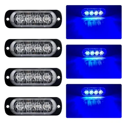 Bild av Ultratunna 4 LED Nödvarningslampor Blå Fara Blinkande Strobe Ramp Sidosvarning Ljus Ljusfyr, Universell För 12 24 V Bil Fordon Lastbil Släpvagn Husvagn Motorcykel Skåpbil, Blå, St