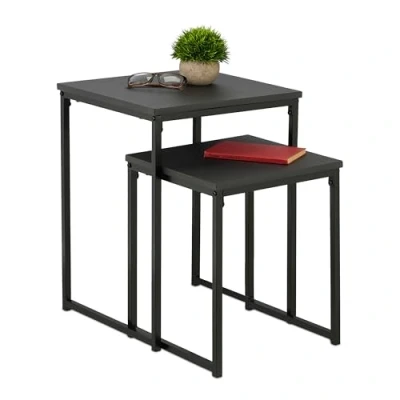 Bild av Relaxdays Sidobord set om 2, stapelbar, bordsset, 2 storlekar, kvadrat, metall, vardagsrum, dekorativt bord, svart
