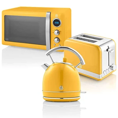 Bild av Swan Retro Set Frukost Vattenkokare 1,8 l, Brödrost Bröd Slot Bred 2 Skivor, 20L Digital Mikrovågsugn, 6 Effektnivåer,Timer, Spegel dörr, Vintage design, Gul, En storlek