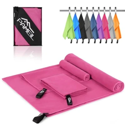 Bild av Pameil Mikrofiberhanddukar i set om 3 (stor badhandduk på 160 x 80 cm och 2 st. små handdukar 40 cm), resehandduk, snabbtorkande av mikrofiber för fitness bastu