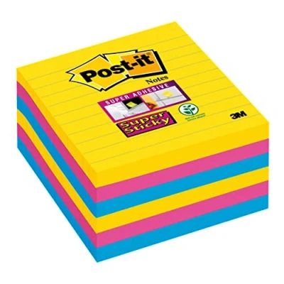 Bild av Post it Super Sticky Notes, karneval färgkollektion, fodrad, 101 mm x mm, 90 ark/dyna, 6 dynor/förpackning