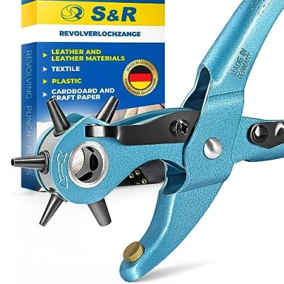 Bild av S&amp;R håltång precision, TILLVERKAD I TYSKLAND, för bälten, klockarmband, kartong, skor, tyg, 6 utbytbara håltänger 2 2,5 3 3,5 4 4,5 mm, Vario tång bälttång