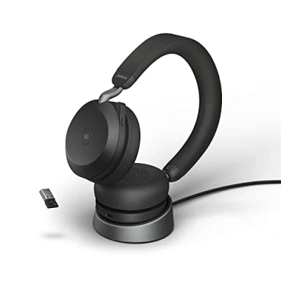 Bild av Jabra Evolve2 75 trådlöst PC headset med laddningsstation och 8 mikrofoner stereohörlurar dubbelt skum avancerad aktiv bullerdämpning, USB A Bluetooth adapter MS kompatibilitet svart