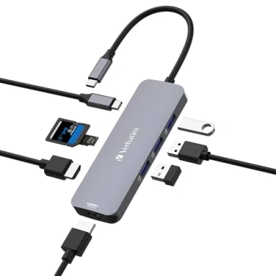 Bild av Verbatim CMH 08 Hubb 1 x HDMI + USB C (strömleverans) 3 A 3.2 Gen skrivbordsmodell
