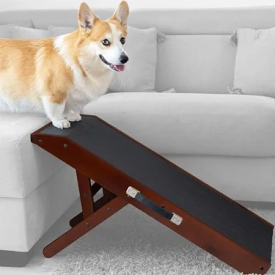 Bild av Hundramp Hundtrappa för små hundar och stora Justerbar 1853 cm säng, soffa björkträ landningsplattform sömlöst ansluten vikbar ramp hund halkfri användning, brun
