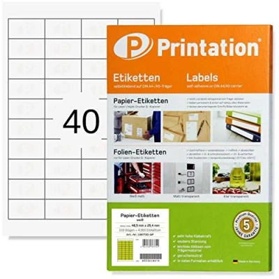 Bild av Printation Universella etiketter 48,5 x 25,4 mm, 40, självhäftande, vita, tryckbara 4 000 25,4, 10 på 100 DIN A4 ark självhäftande etiketter/klistermärken 3657 4780 4474