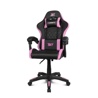 Bild av DRIFT GAMING DR35 Professionell stol, konstläder, vadderade armstöd, klass 3 kolv, förstärkt nylonbas, svängstol, justerbar höjd, ländrygg/nackkudde, svart/rosa