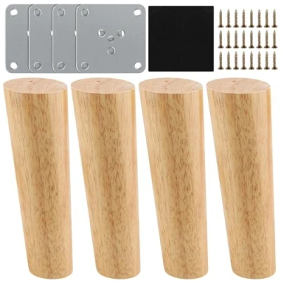 Bild av möbelfötter, trä, 4 stycken möbelben, koniska bordsben, massivt 15 cm, skåpfötter med skruvar och filtglider för skåp, soffa, stol, säng, ottoman (cylinder)