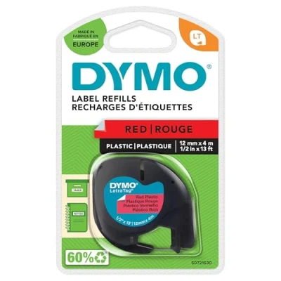 Bild av DYMO LetraTag plastetiketter Originaletiketter Rulle på 12 mm x 4 m Svart text röda etiketter Självhäftande för flera syften etikettskrivare
