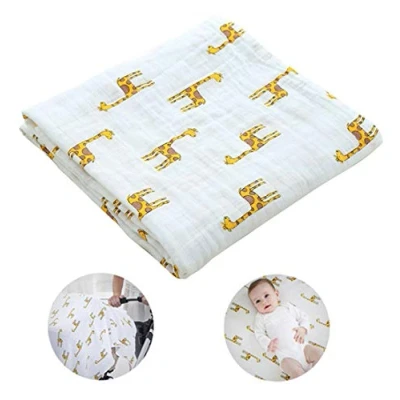 Bild av BuxiuGK Baby flicka pojke lindningsfilt i 100% bomull muslin, perfekt för en födelsegåva, 120 x 110 cm, giraff