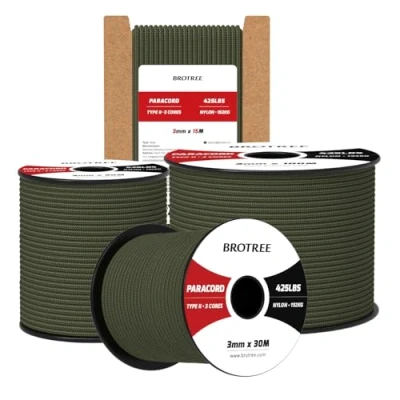 Bild av Brotree 3mm Paracord 425 100M 100% Nylonrep 3 Trådar Sladd Typ II för Utomhus, Hundkoppel, DIY, Hantverk 192kg Brottlast (Armégrön)