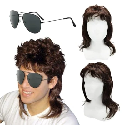 Bild av XNIVUIS män vokuhila peruk brun lockig, blond 80 talet mullet peruk, 70 tals cosplay kostym halloween retro disco punk rocker peruker, fancy party peruker (2 st)