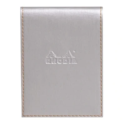 Bild av RHODIA 128101C Urklipp fodral + häftat anteckningsblock N12 silver 8,5 x 12 cm små fyrkanter 80 avtagbara ark vitt Clairefontaine papper 80G pennhållare fuskläder Rhodiarama