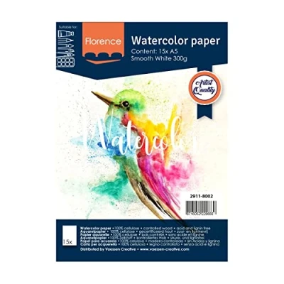 Bild av VARTA Vaessen Creative Florence akvarellpapper A5, vit, 300 GSM, yta, konstnärskvalitet, 15 ark för målning, handskrift och konstprojekt, slät gsm
