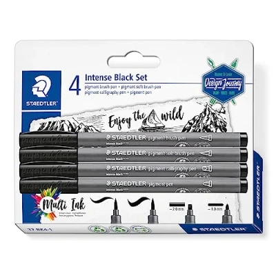 Bild av Staedtler Piggbrush intense svart set, olika borst, mjuk kalligrafi och outliner spetsar, intensiv svart, vattentät, 4 pigment pennor i blisterkort, 37 BK4 1
