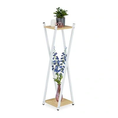 Bild av Relaxdays blomställ, 2 våningar i träutseende, metall, MDF, modern blompall, HBT: 99 x 29 cm, vit/ljusbrun