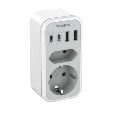 Bild av TESSAN Dubbelkontakt för Uttag, 6 i 1 Uttagsadapter med 2 USB C och A, Multipelkontakt 3600W, Telefon Hushållsapparater, Multipeluttag C, Grå