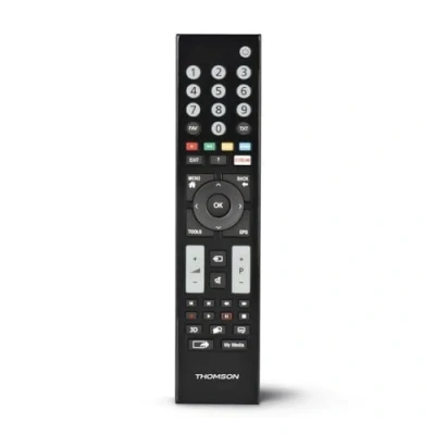 Bild av Thomson fjärrkontroll för Grundig TV apparater redo att använda inlärning enkelt läge upplysta knappar infraröd IR svart