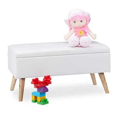 Bild av Relaxdays hopfällbar ottoman 6 avtagbara fack, 38 x 76 cm, fuskläder vikbar filt leksak förvaringsbox säte bänk puffepall, vit, cm